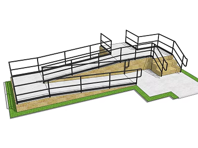 Black Metal Fence Design With Steps Ramp And Concrete Paving Surrounded By Green Grass 3d model