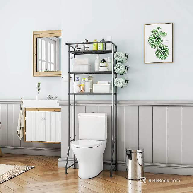 Bathroom Storage Rack Over Toilet Multi Tier Design With Organized Toiletries And Toilet Paper Rolls 3d model 