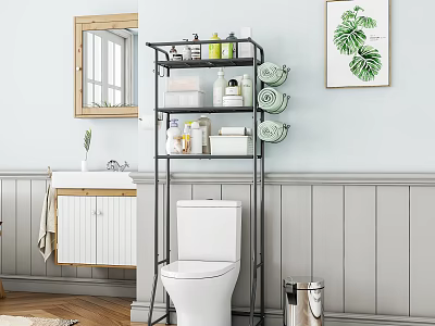 Bathroom Storage Rack Over Toilet Multi Tier Design With Organized Toiletries And Toilet Paper Rolls 3d model