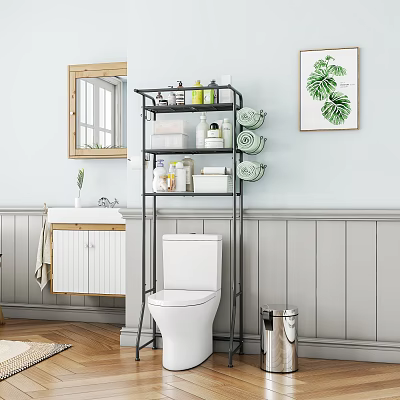 Bathroom Storage Rack Over Toilet Multi Tier Design With Organized Toiletries And Toilet Paper Rolls 3d model