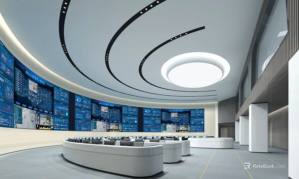 Spacious Control Room Interior With Multiple Monitoring Screens Control Consoles And Curved Ceiling Design 3d model 