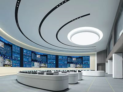 Spacious Control Room Interior With Multiple Monitoring Screens Control Consoles And Curved Ceiling Design 3d model