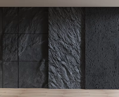 Modern Background Wall Design Featuring Stone Tiles Textured Surfaces And Perforated Panels With Wooden Floor 3d model