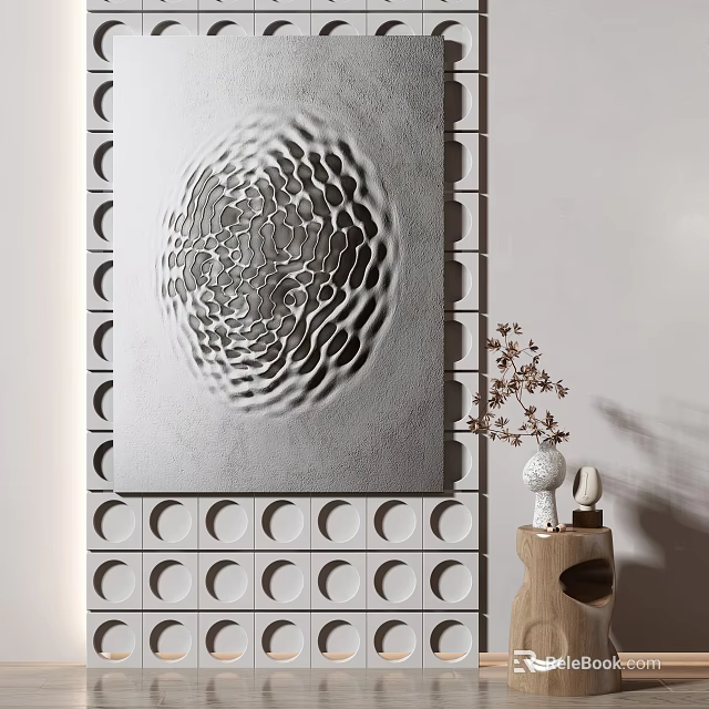 Silver Circular Pattern Wall Art On Decorative Tiled Wall With Wooden Vase And Sculpture 3d model 