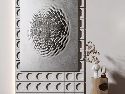 Silver Circular Pattern Wall Art On Decorative Tiled Wall With Wooden Vase And Sculpture 3d model