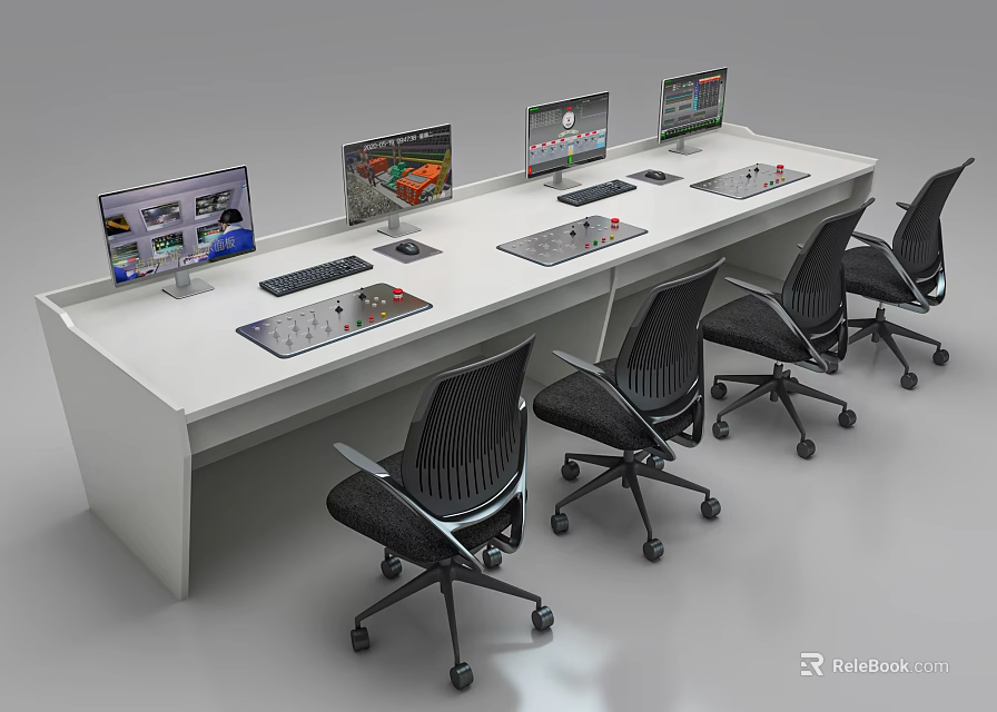 Long Modern Office Desk With Multiple Computer Monitors And Ergonomic Chairs 3d model
