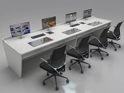 Long Modern Office Desk With Multiple Computer Monitors And Ergonomic Chairs 3d model