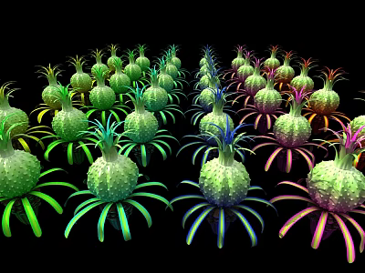 Colorful Glowing Cartoon Pineapple Plants Arranged Neatly On Black Background 3d model