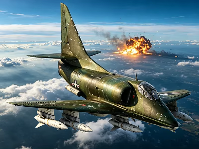 Green Military Fighter Jet Flying Over Clouds With Missiles Near Explosion Fire 3d model