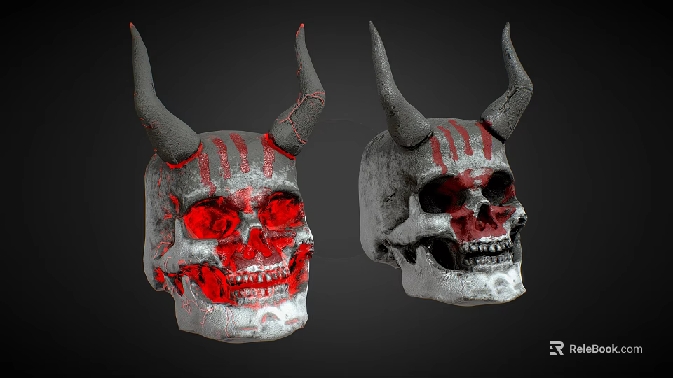 Horned Fantasy Skulls With Red Glowing Eyes And Stripe Details 3d model 
