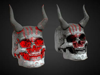 Horned Fantasy Skulls With Red Glowing Eyes And Stripe Details 3d model