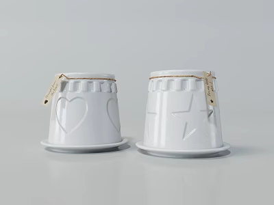 Two White Spice Jars With Heart And Star Shapes And Decorative Tags On White Surface 3d model
