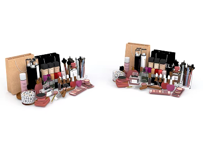 Stylish Perfume And Cosmetics Display With Perfume Bottles Lipsticks Eyeshadow Palettes And Makeup Brushes 3d model