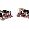 Stylish Perfume And Cosmetics Display With Perfume Bottles Lipsticks Eyeshadow Palettes And Makeup Brushes