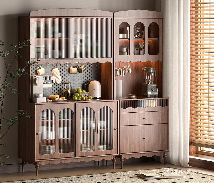 Elegant Modern Wooden Sideboard With Glass Doors And Storage Drawers In Kitchen 3d model 