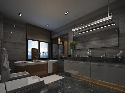 Hotel Guest Room Bathroom Featuring Marble Surfaces Wooden Bathtub Large Mirror And LED Lighting 3d model