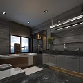 Hotel Guest Room Bathroom Featuring Marble Surfaces Wooden Bathtub Large Mirror And LED Lighting