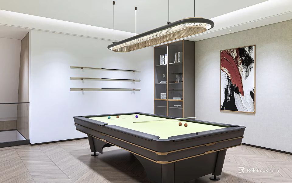 Modern Game Room Interior Design With Billiard Table Bookshelves And Artwork 3d model