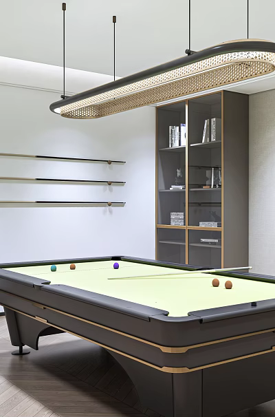 Modern Game Room Interior Design With Billiard Table Bookshelves And Artwork 3d model