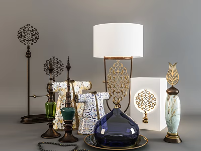Elegant Decorative Ornament Set with Table Lamp Metal Pieces Glass Vase and Marble Decor 3d model