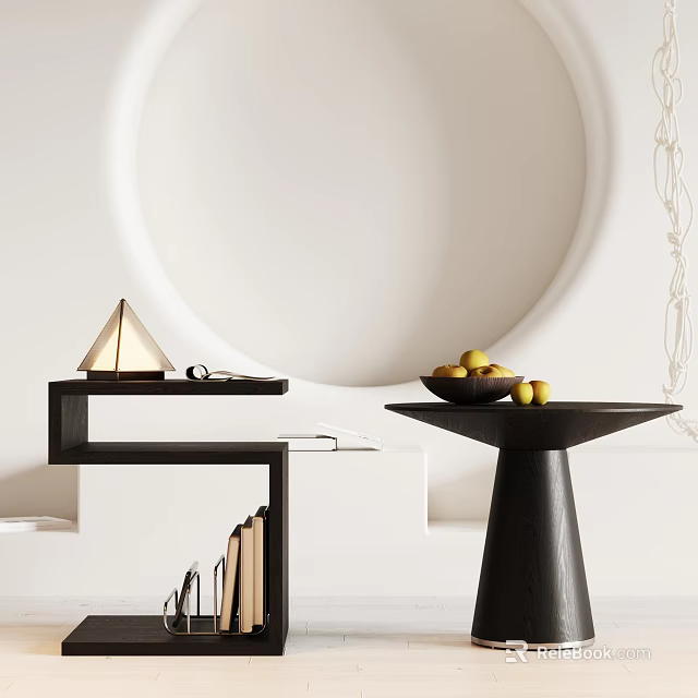 Modern Black Side Table With Bowl Of Fresh Fruits In Minimalist Interior 3d model 