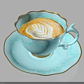 Light Blue Teacup and Saucer with Gold Floral Patterns Holding Latte with Swirl Art