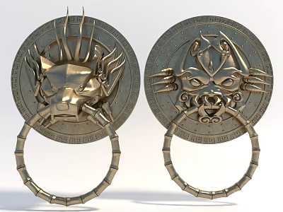 Vintage Metal Door Knockers With Intricate Animal Head Design And Circular Base Ring Handle 3d model