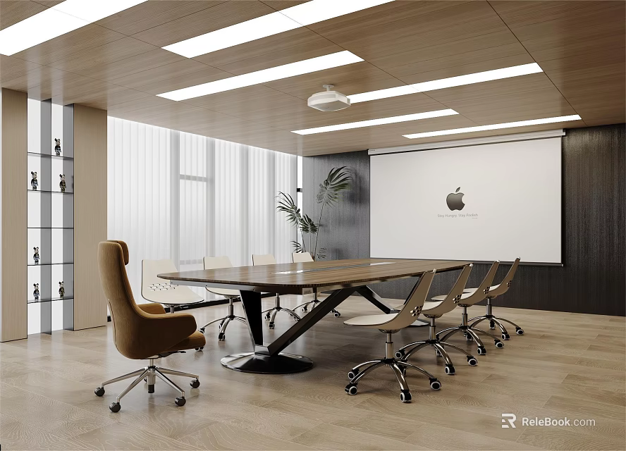 Modern Conference Room With Long Table Chairs Projector Screen Windows And Ceiling Lights 3d model 