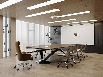 Modern Conference Room With Long Table Chairs Projector Screen Windows And Ceiling Lights 3d model