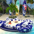 Tropical Beach Pool Scene With Palm Trees Surfboards Umbrella And White Buildings