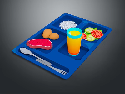 Healthy Balanced Food Tray With Rice Steak Potatoes Fresh Vegetables And Orange Juice 3d model