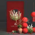 Red Photo Check In Spot with Circular Cutout Red Lanterns Greenery Fu Character Life Style