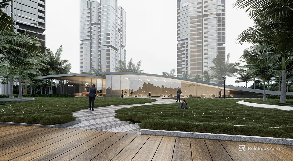 Modern Urban Outdoor Space With Tall Buildings Green Lawn Wooden Walkway And Palm Trees 3d model 