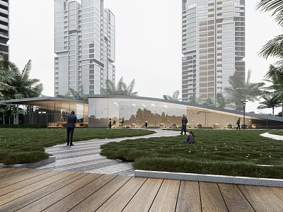 Modern Urban Outdoor Space With Tall Buildings Green Lawn Wooden Walkway And Palm Trees 3d model