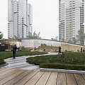 Modern Urban Outdoor Space With Tall Buildings Green Lawn Wooden Walkway And Palm Trees