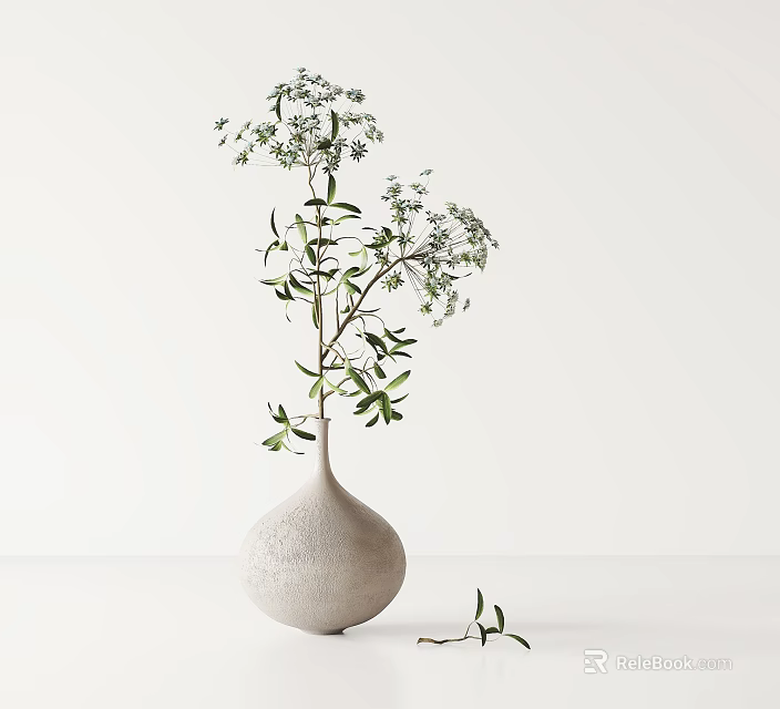 White Ceramic Vase With Green Leaves And Small White Flowers On Minimalist White Table 3d model 
