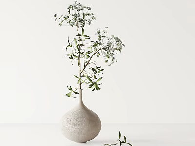 White Ceramic Vase With Green Leaves And Small White Flowers On Minimalist White Table 3d model