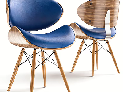 Modern Design Leisure Chair With Blue Upholstered Seat Wooden Frame And Metal Legs 3d model