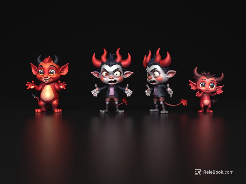 Group of Little Devils With Red Horns Wings and Various Poses on Dark Background 3d model 
