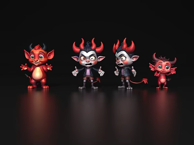 Group of Little Devils With Red Horns Wings and Various Poses on Dark Background 3d model