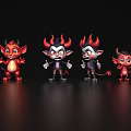 Group of Little Devils With Red Horns Wings and Various Poses on Dark Background