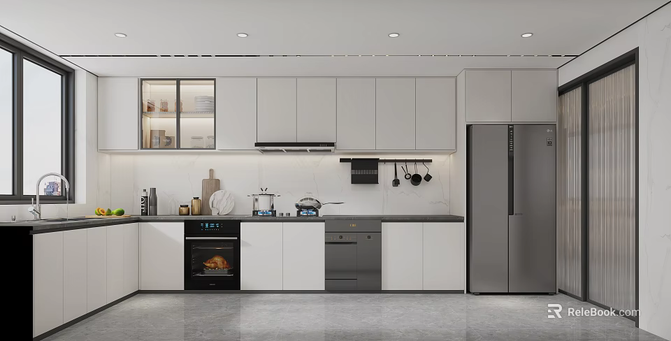Modern Kitchen Interior Design With White Cabinets Black Countertop And Stainless Steel Refrigerator 3d model 