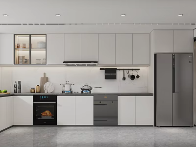 Modern Kitchen Interior Design With White Cabinets Black Countertop And Stainless Steel Refrigerator 3d model