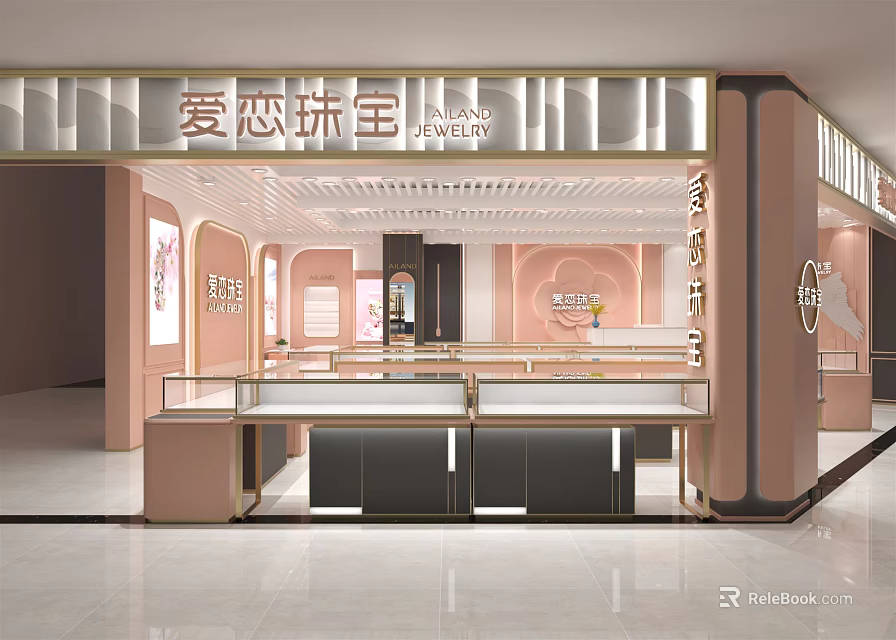 Elegant Jewelry Store Interior With Glass Display Cases And Modern Counter Design 3d model 