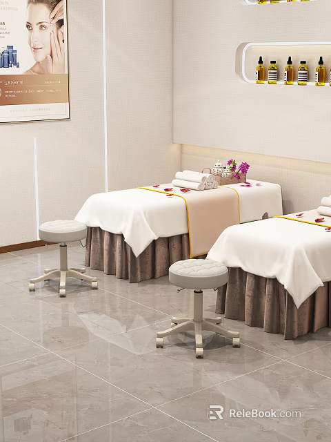 Comfortable Massage Beds With White Sheets Brown Skirts Towels And Purple Flowers In SPA Room 3d model 