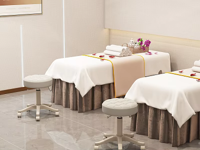 Comfortable Massage Beds With White Sheets Brown Skirts Towels And Purple Flowers In SPA Room 3d model