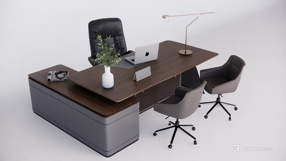 Modern Office Interior With Wooden Desk Laptop Lamp Green Plant And Black Gray Chairs 3d model 