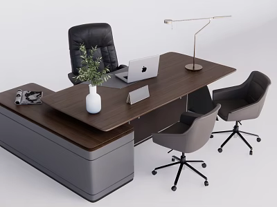 Modern Office Interior With Wooden Desk Laptop Lamp Green Plant And Black Gray Chairs 3d model