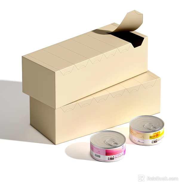 Daily Necessities Including Open Beige Carton Box And Colorful Labeled Cans 3d model 