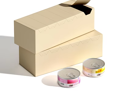 Daily Necessities Including Open Beige Carton Box And Colorful Labeled Cans 3d model